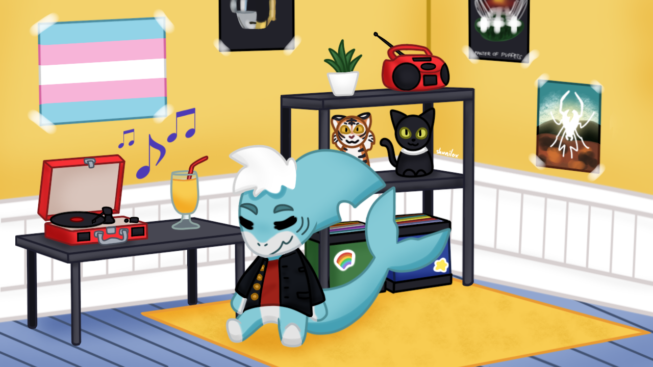 Anthro shark character relaxing in his room