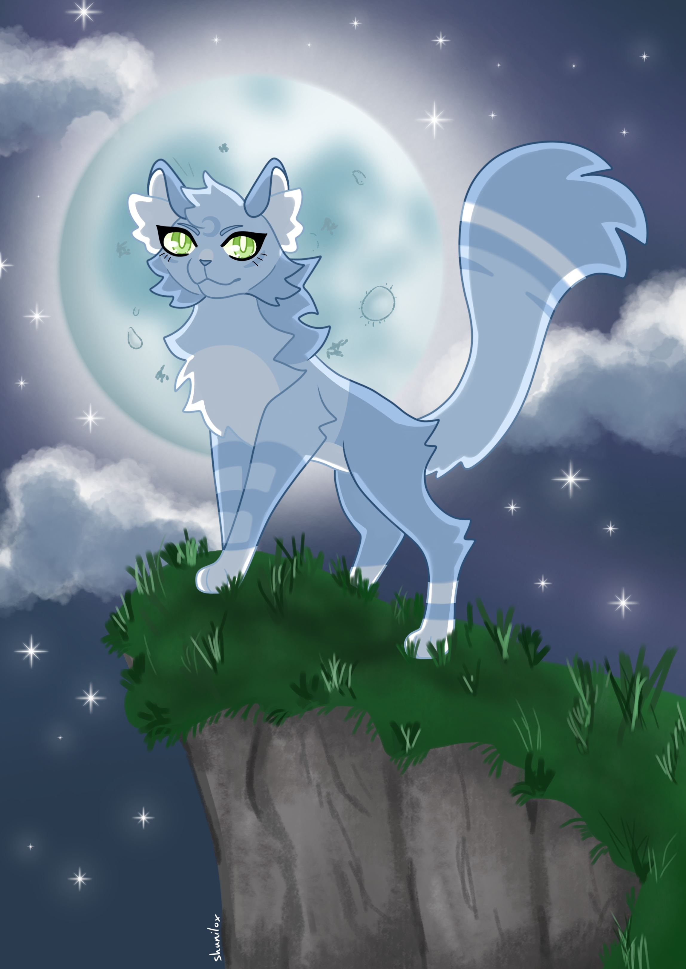 Cat on cliff with the moon behind her