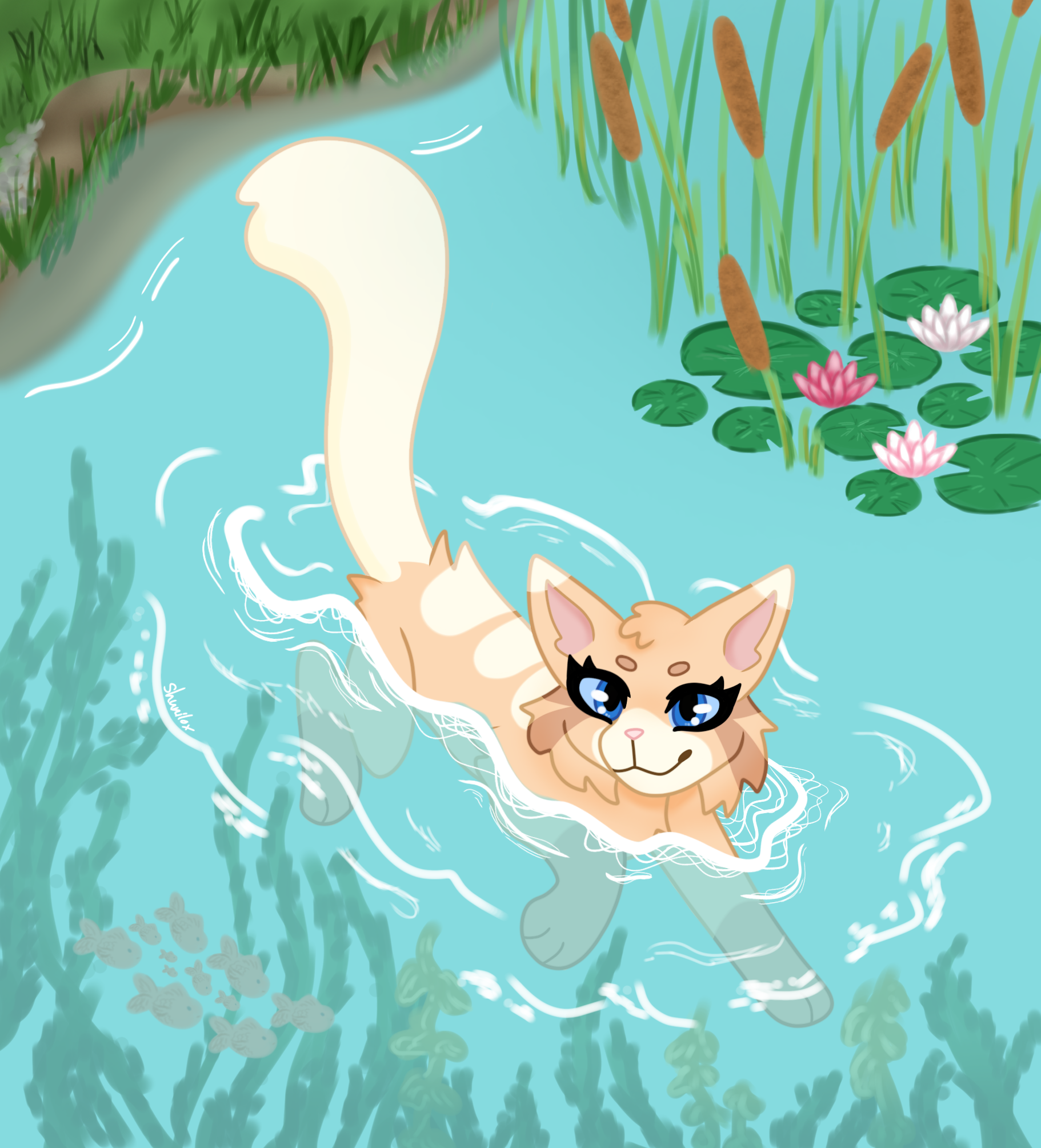 Cat swimming in lake