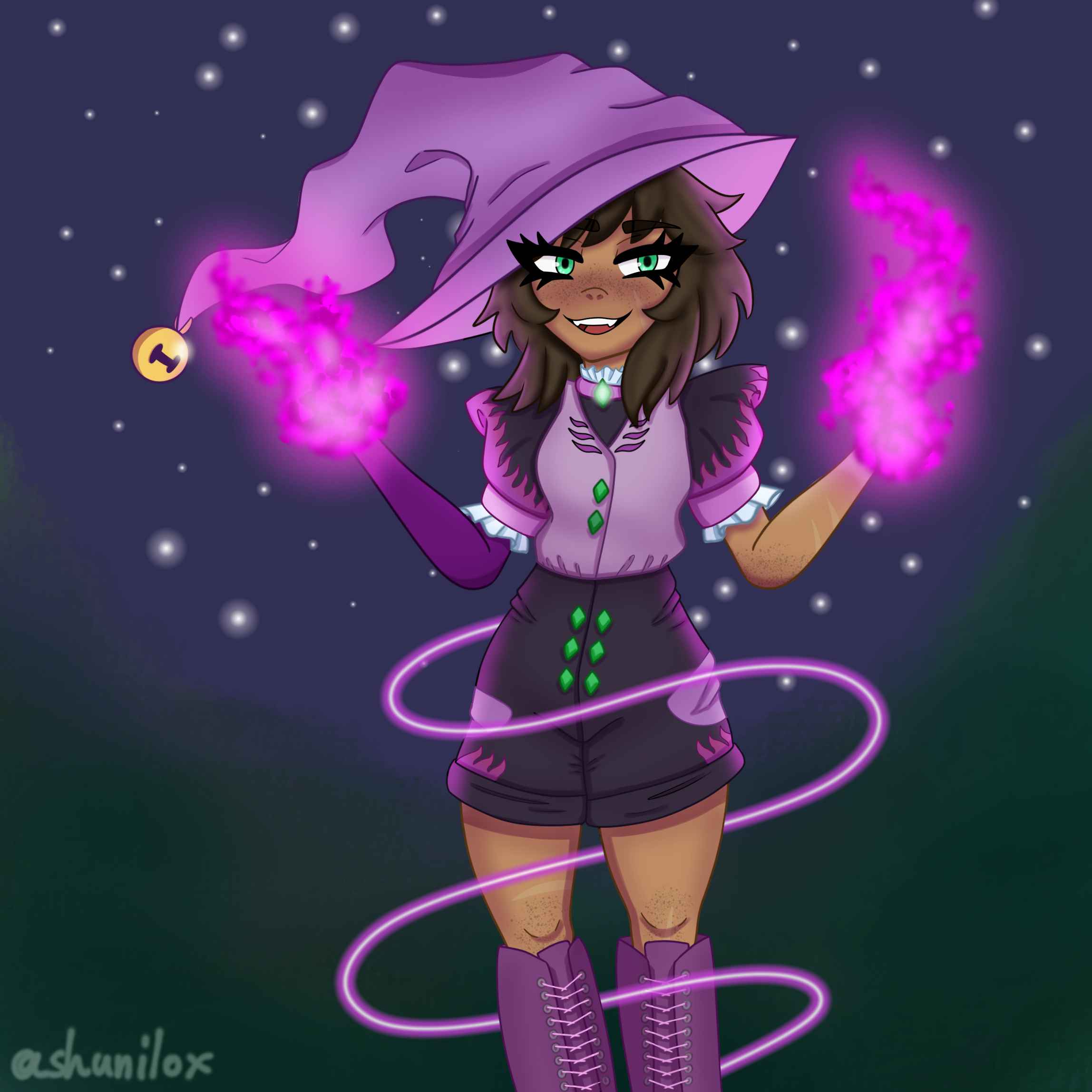 Witch weilding purple fire in each hand